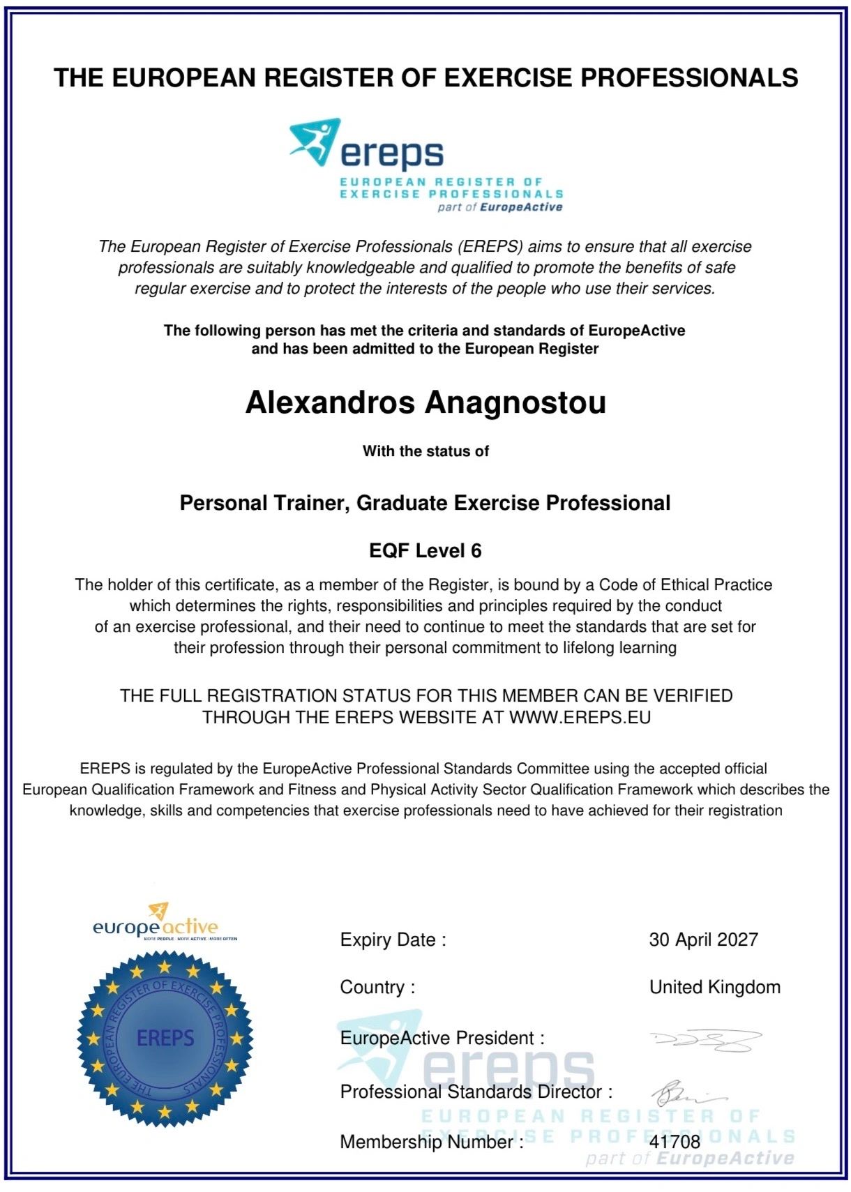 Alexandros Anagnostou’s EREPS registration document.